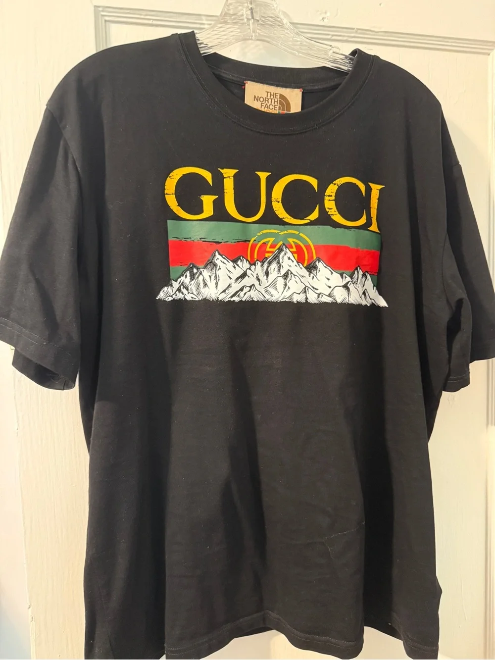 GucciNorth face collab  Black Short Sleeve Tee with Yellow Logo and Red-Green St